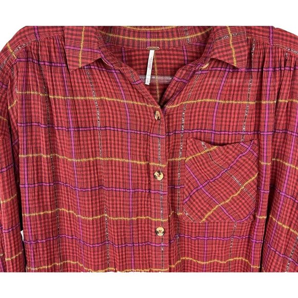 Free People Break Red / Orange Plaid My Stride Button Up /Down Long Sleeve Top S - Picture 7 of 11